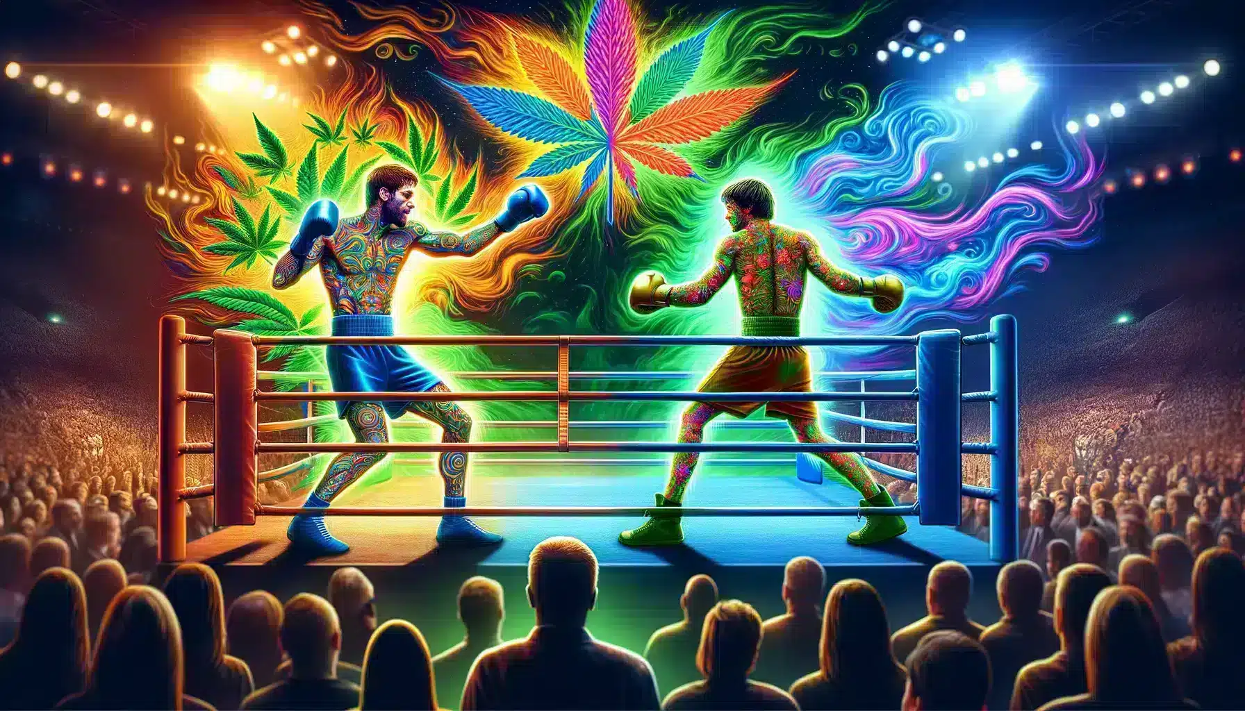 two men in boxing gloves in a ring with a colorful CBD artwork