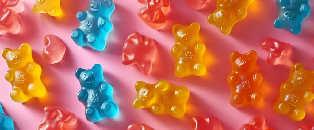 Gummies CBD sans THC sur une table coloré, illustrant leur aspect doux et coloré.