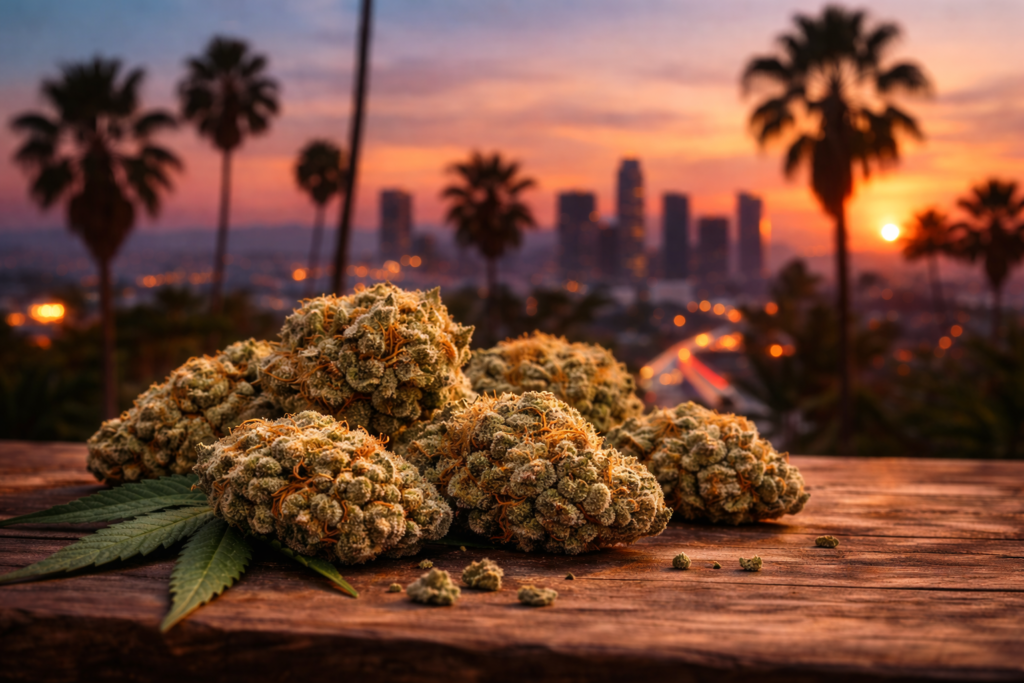 Têtes OG Kush CBD sans THC en gros plan avec skyline au coucher de soleil