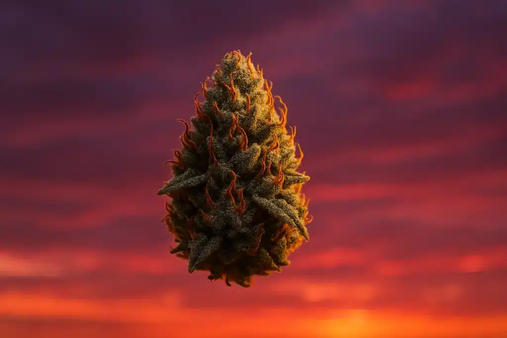 Fleur séchée de cannabis Indica CBD sur fond coloré rouge et violet – BUDDY BOO