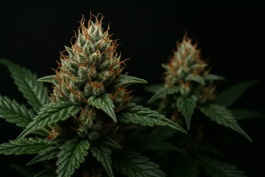 Fleur d’Indica CBD riche en trichomes, photographiée sur fond noir – BUDDY BOO