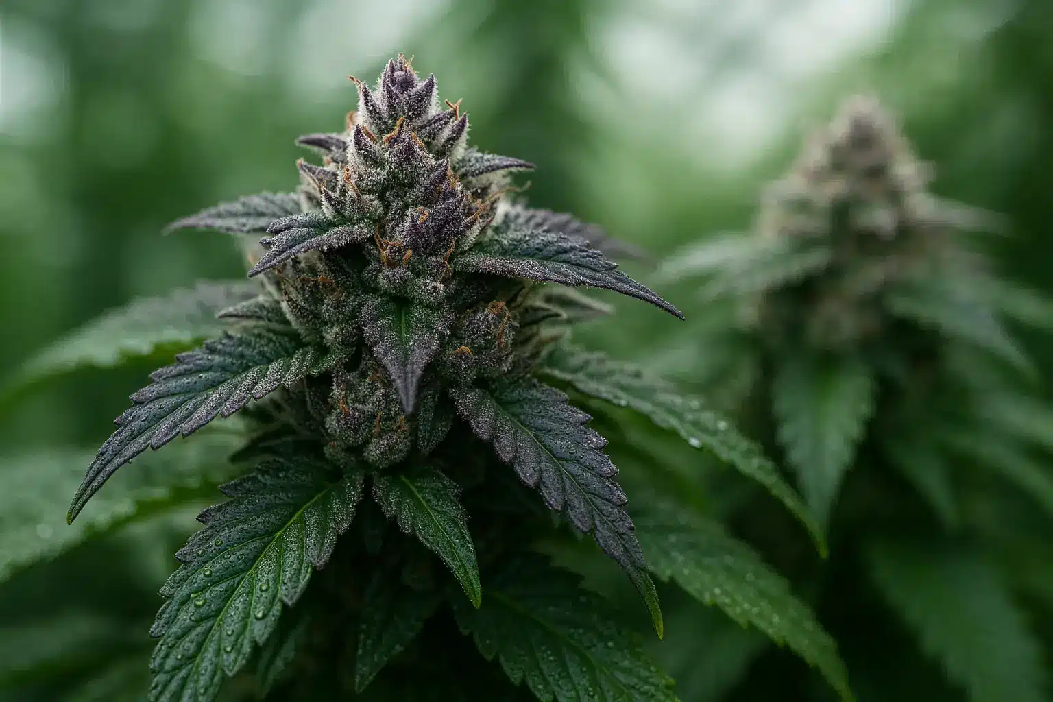 Gros plan d’une fleur de cannabis Indica aux teintes violettes, riche en trichomes – BUDDY BOO