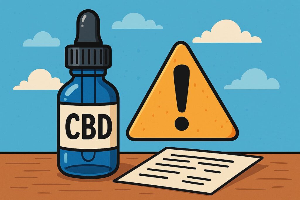Illustration d’un flacon d’huile de CBD avec un panneau d’avertissement, représentant les dangers du CBD selon Buddy Boo.