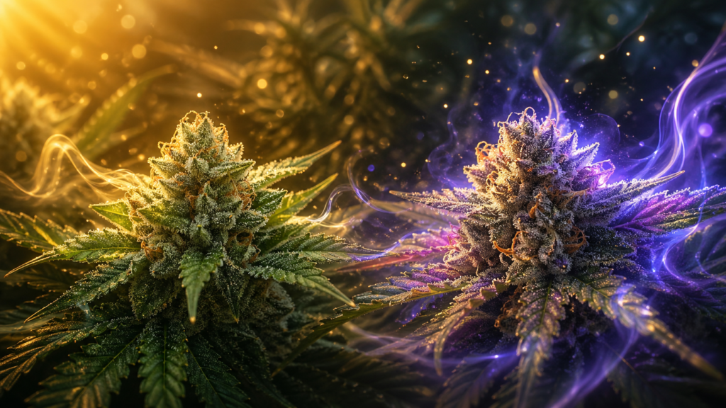 Illustration de deux fleurs de CBD très résineuses avec une ambiance lumineuse contrastée, symbolisant des effets marqués et une alternative HPC sans THC.