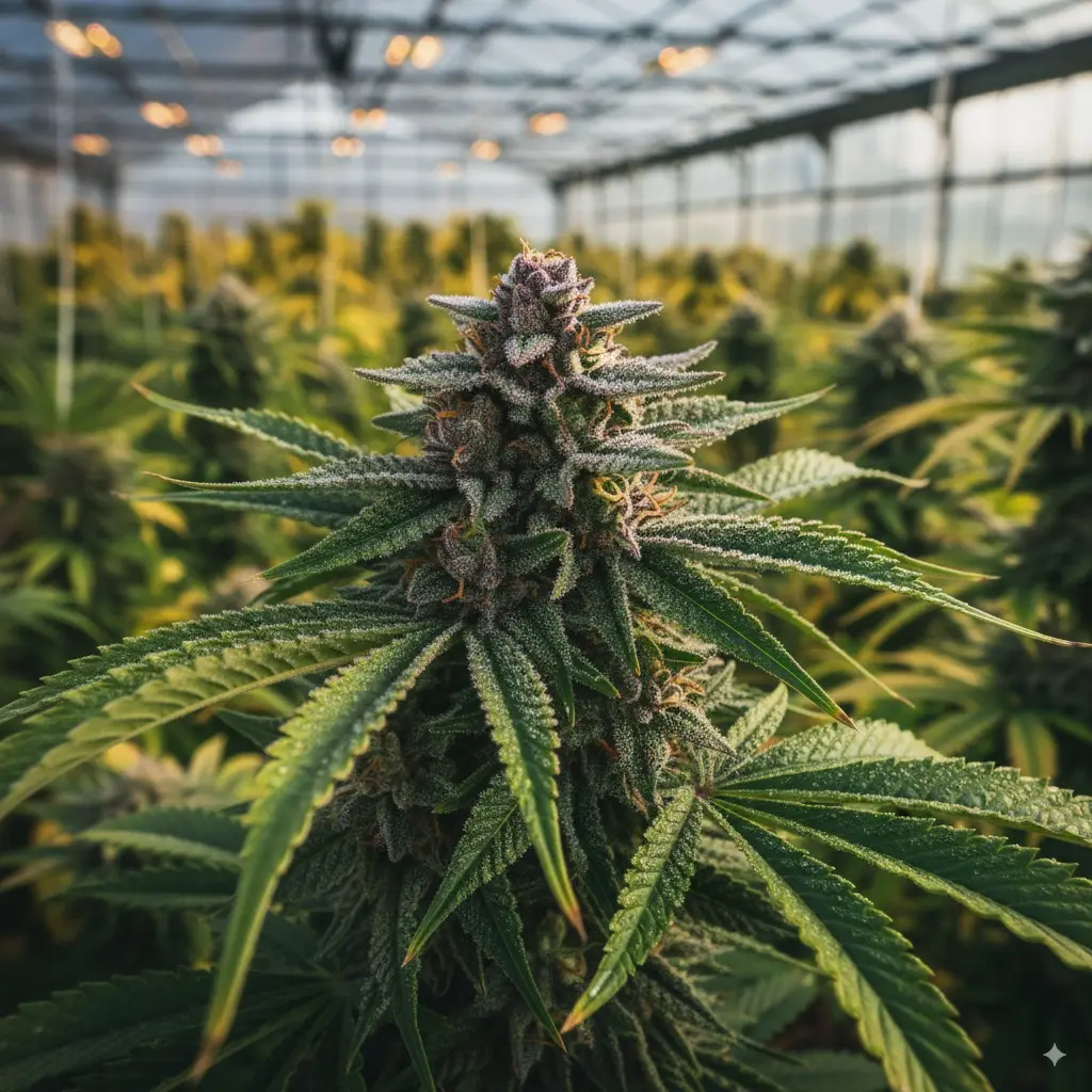 Fleur HPC sans THC Buddy Boo en pleine croissance dans une serre professionnelle, dense et résineuse.