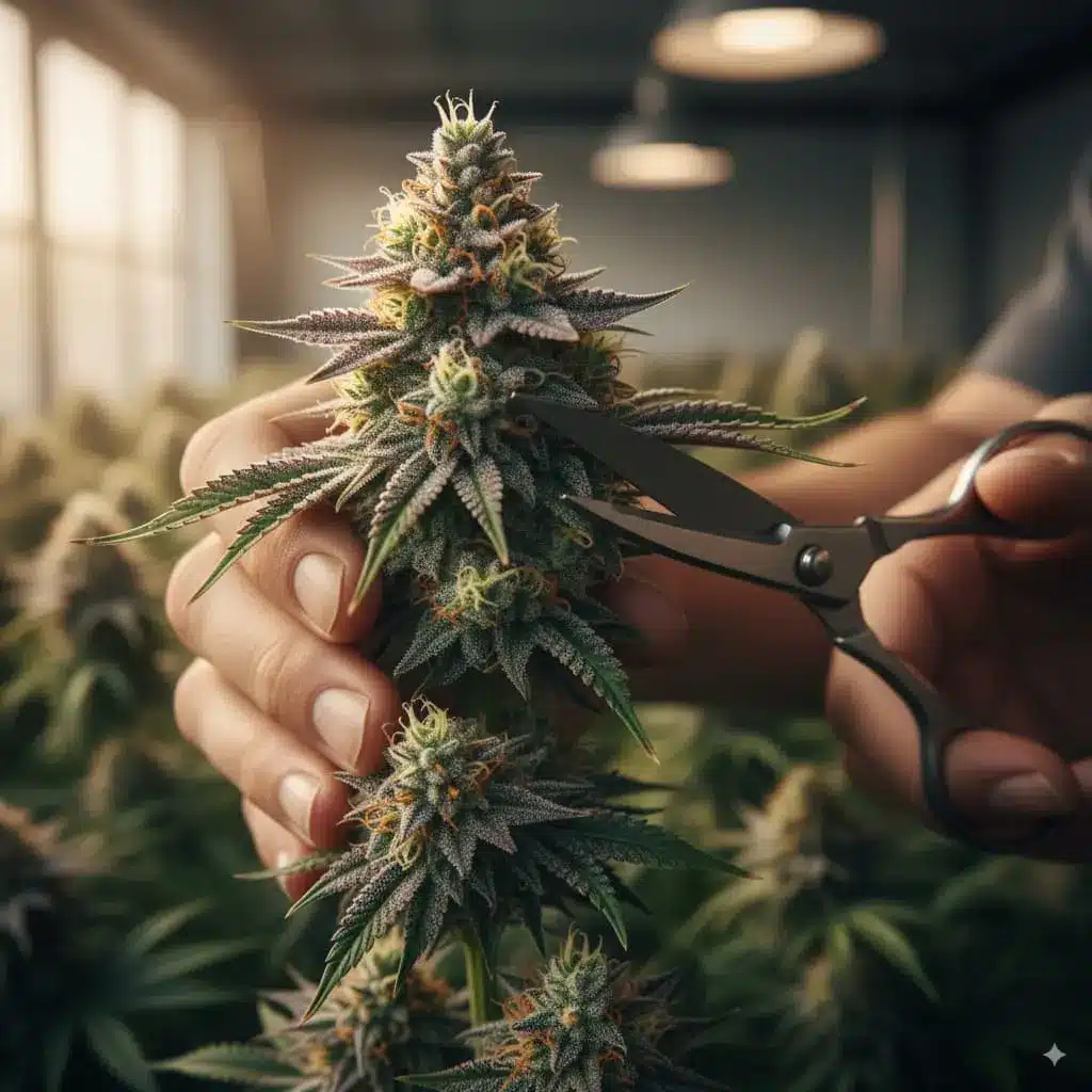 Gros plan sur une fleur HPC sans THC Buddy Boo en cours de coupe, riche en trichomes et cultivée en intérieur.