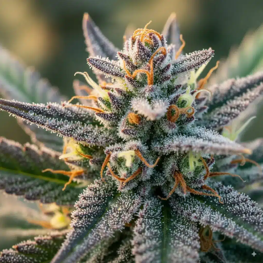 Macro d’une fleur HPC sans THC Buddy Boo, riche en trichomes et aux nuances violettes et orangées
