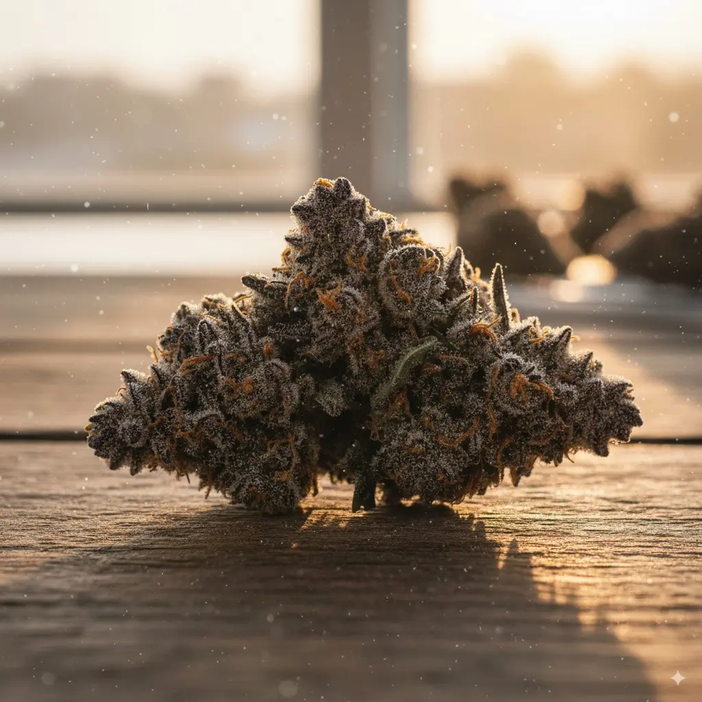 Fleur HPC sans THC Buddy Boo posée sur une planche de bois au coucher du soleil