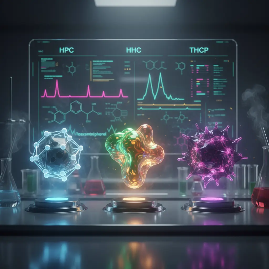 Illustration scientifique des cannabinoïdes HPC, HHC et THCP par Buddy Boo.