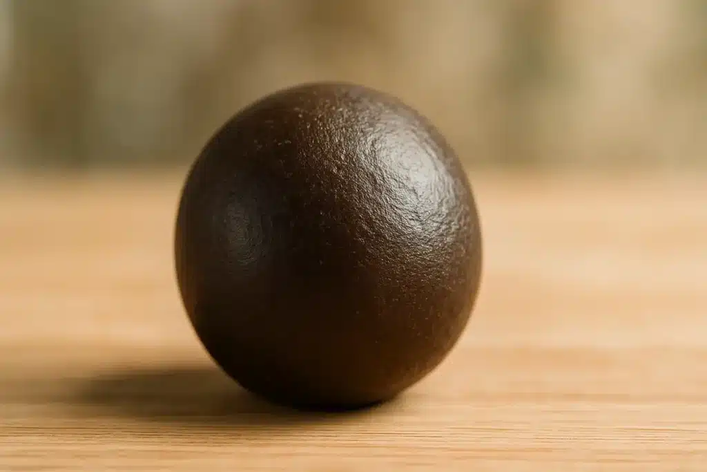 Résine CBD BUDDY BOO sous forme de boule lisse, posée sur une table en bois