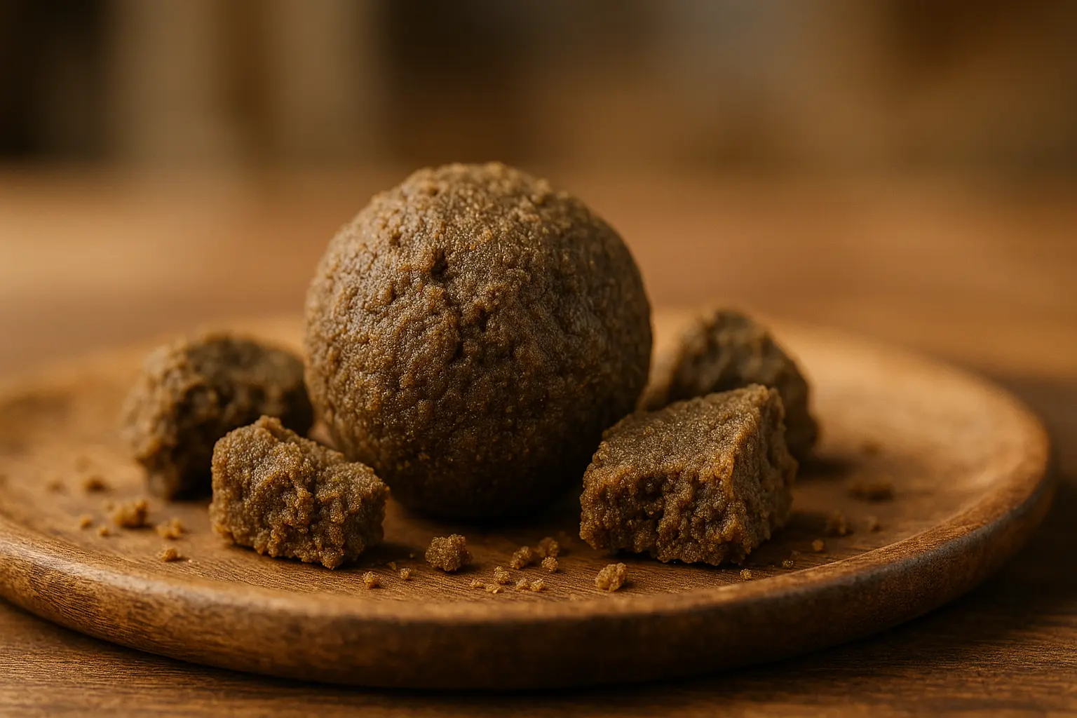 Résine CBD BUDDY BOO en boule et morceaux sur une assiette en bois