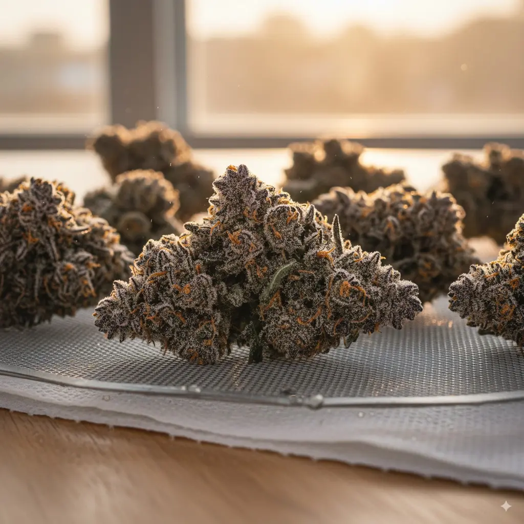 Plusieurs fleurs HPC sans THC Buddy Boo disposées pour le séchage
