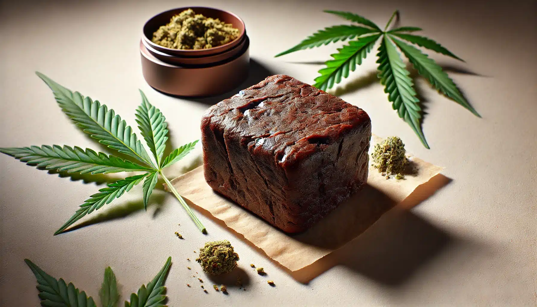 Assortiment de produits CBD sans THC : un bloc de résine, des morceaux de résine, des fleurs de cannabis séchées et des feuilles de chanvre, sur un papier kraft avec une boîte.