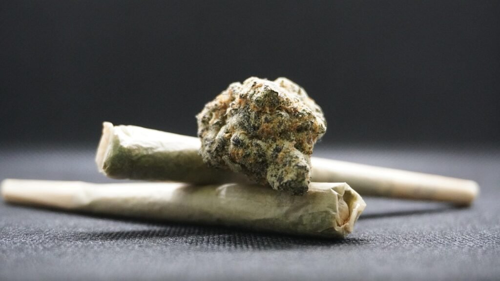 Fleurs et joints contenant la molécule HPC BUDDY BOO sur fond sombre