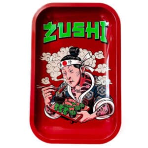 Plateau à rouler BEST BUDS Zushi en métal rouge format moyen, design japonais, distribué par BUDDY BOO