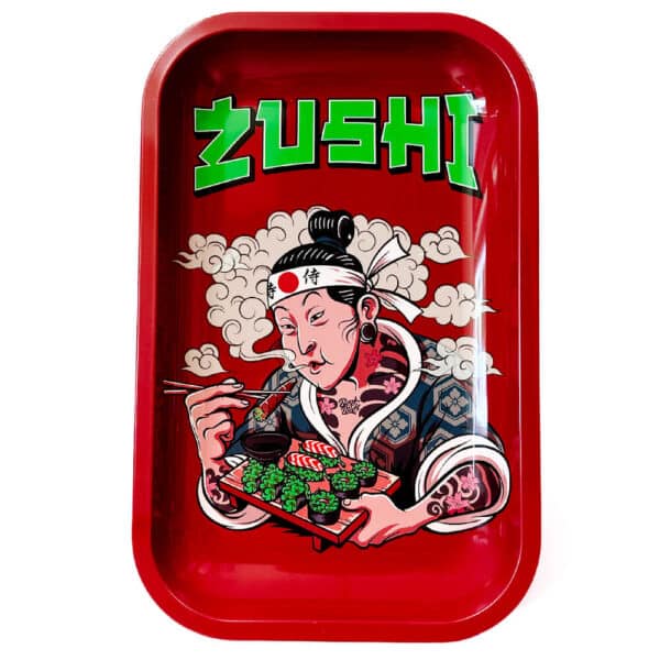 Plateau à rouler BEST BUDS Zushi en métal rouge format moyen, design japonais, distribué par BUDDY BOO