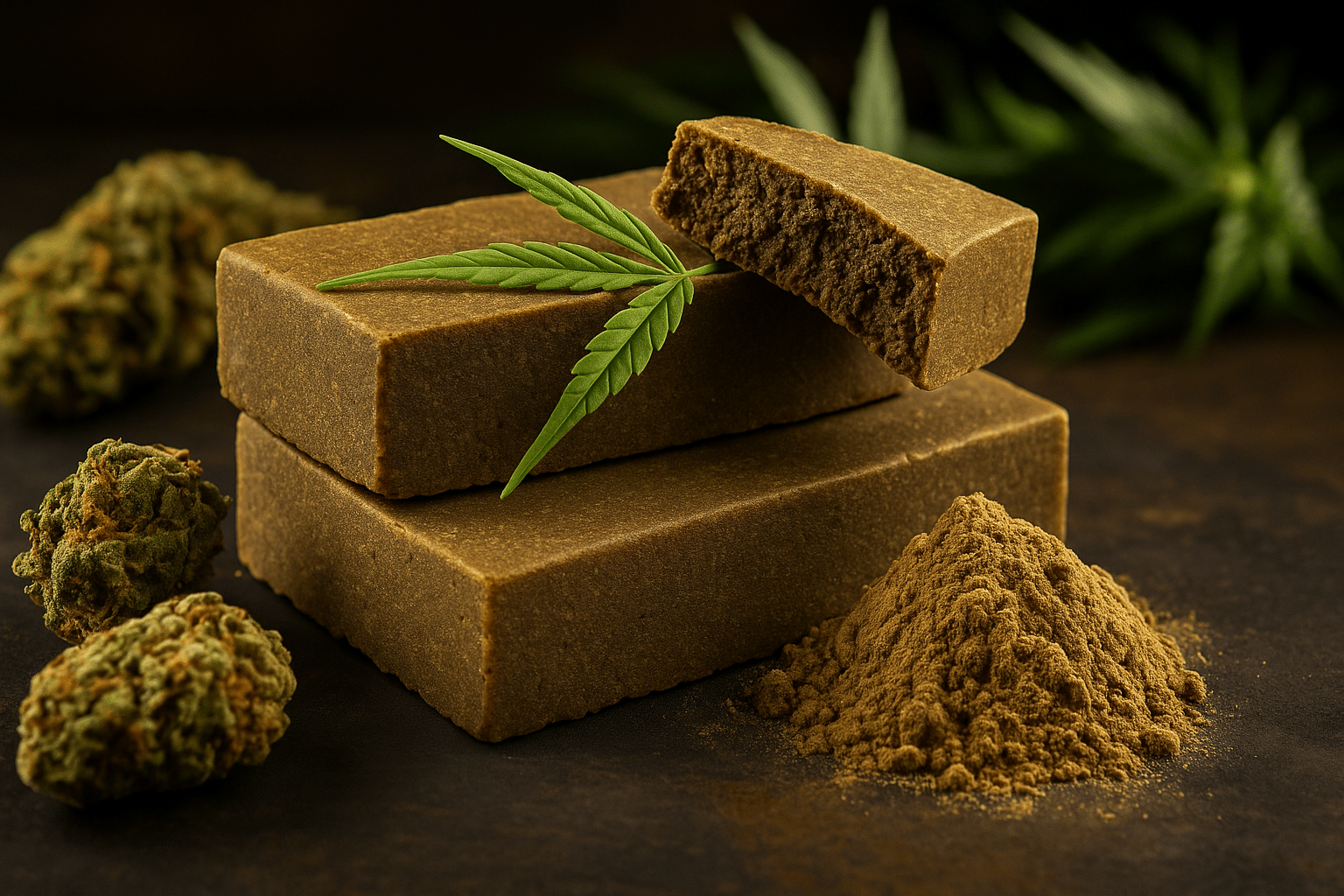 Résine CBD naturelle présentée avec fleurs de chanvre et poudre fine – produit BUDDY BOO