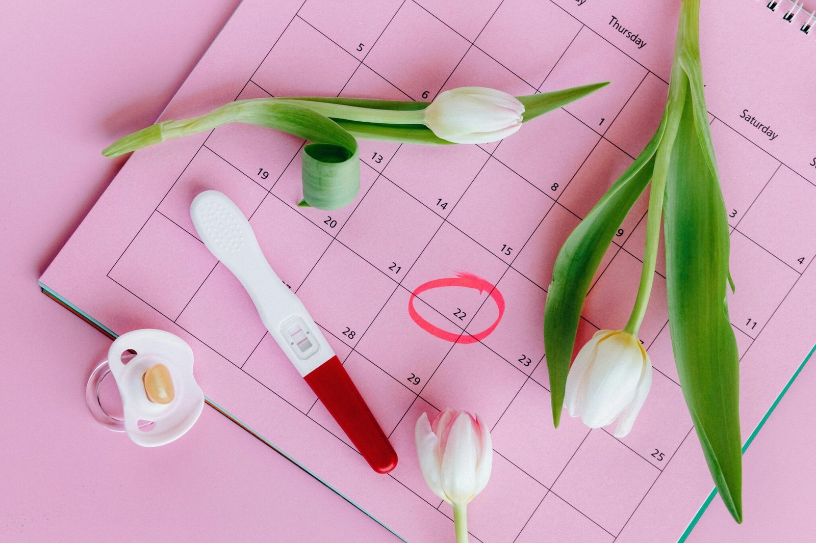 Test de grossesse posé sur un calendrier, symbolisant l’impact possible du cannabis sur la fertilité et le cycle féminin – BUDDY BOO.