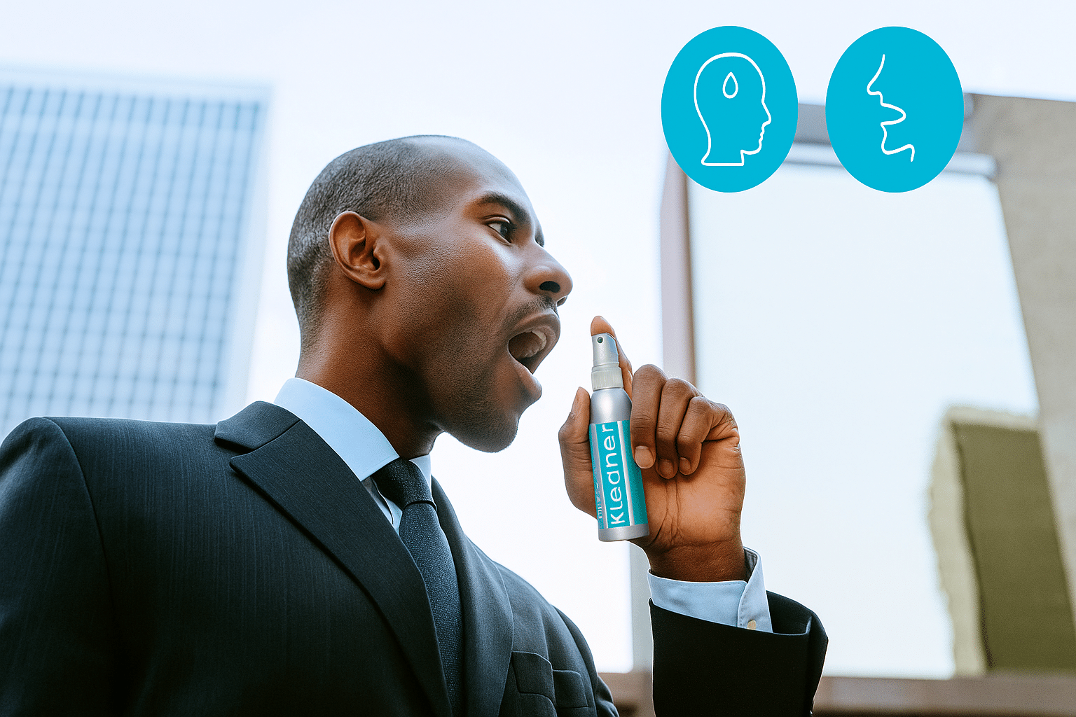 Homme utilisant le spray Kleaner de BUDDY BOO pour neutraliser les traces de THC avant un test salivaire