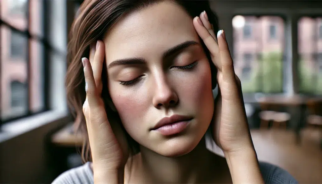 Femme tenant sa tête à cause d’une migraine, illustrant l’usage du CBD migraine avec BUDDY BOO
