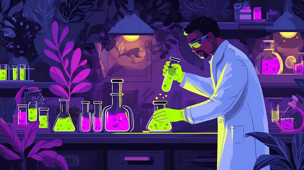 Illustration d’un laboratoire analysant la molécule THCP, cannabinoïde étudié et expliqué par BUDDY BOO
