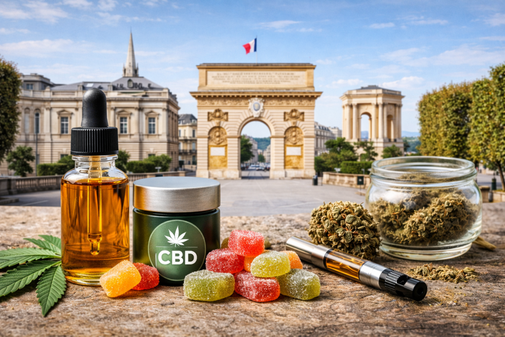 Produits CBD à Montpellier avec fleurs, huile CBD, gummies et vape devant un monument emblématique