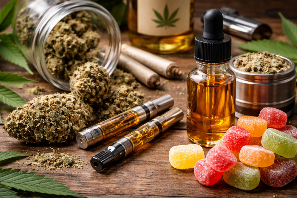 HHC drogue : fleurs, huiles, cartouches et bonbons aux cannabinoïdes, illustration des formes de consommation