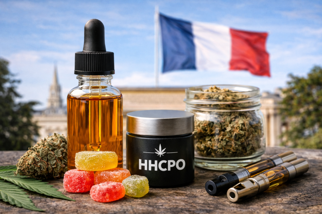 Produits HHCPO avec fleurs, huile, gummies et cartouches vape présentés en France