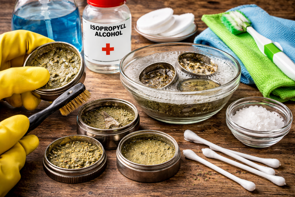 Nettoyage d’un grinder en métal avec alcool isopropylique, brosse et coton-tiges