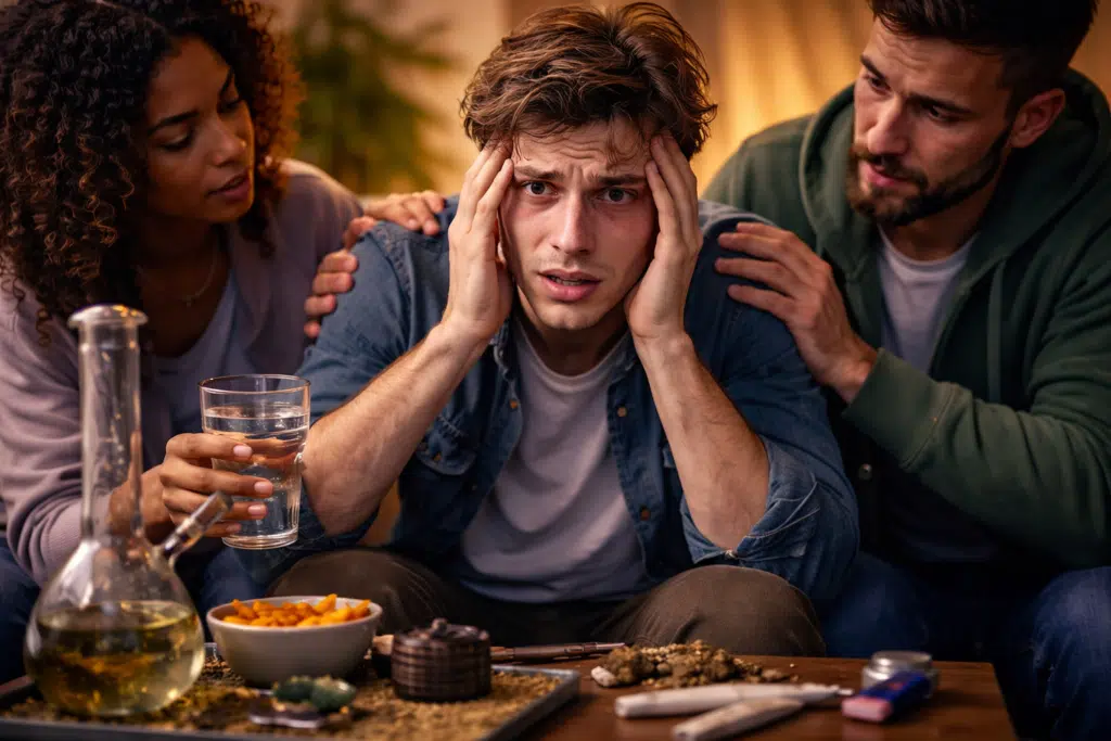 Personne en état d’anxiété après consommation de cannabis entourée de proches apportant du soutien