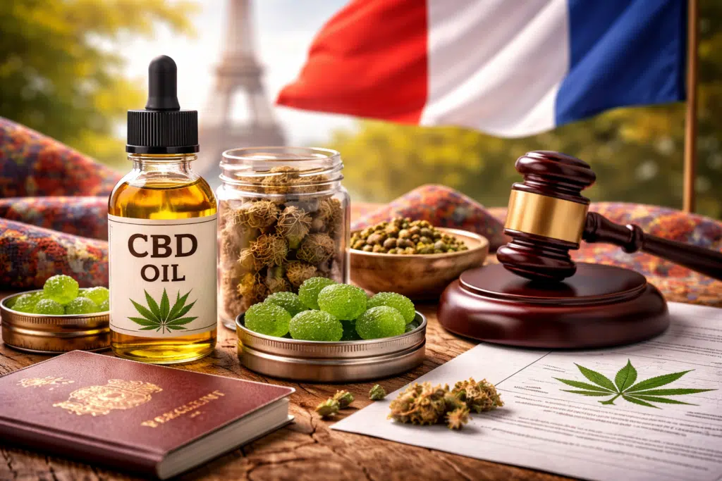 Produits CBD légaux en France avec drapeau français et symboles juridiques – BUDDY BOO