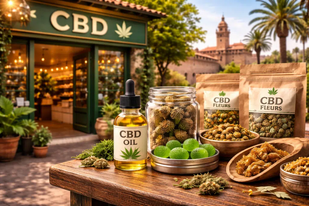 Produits CBD légaux à Perpignan avec fleurs, huile et résines présentés devant une boutique – BUDDY BOO