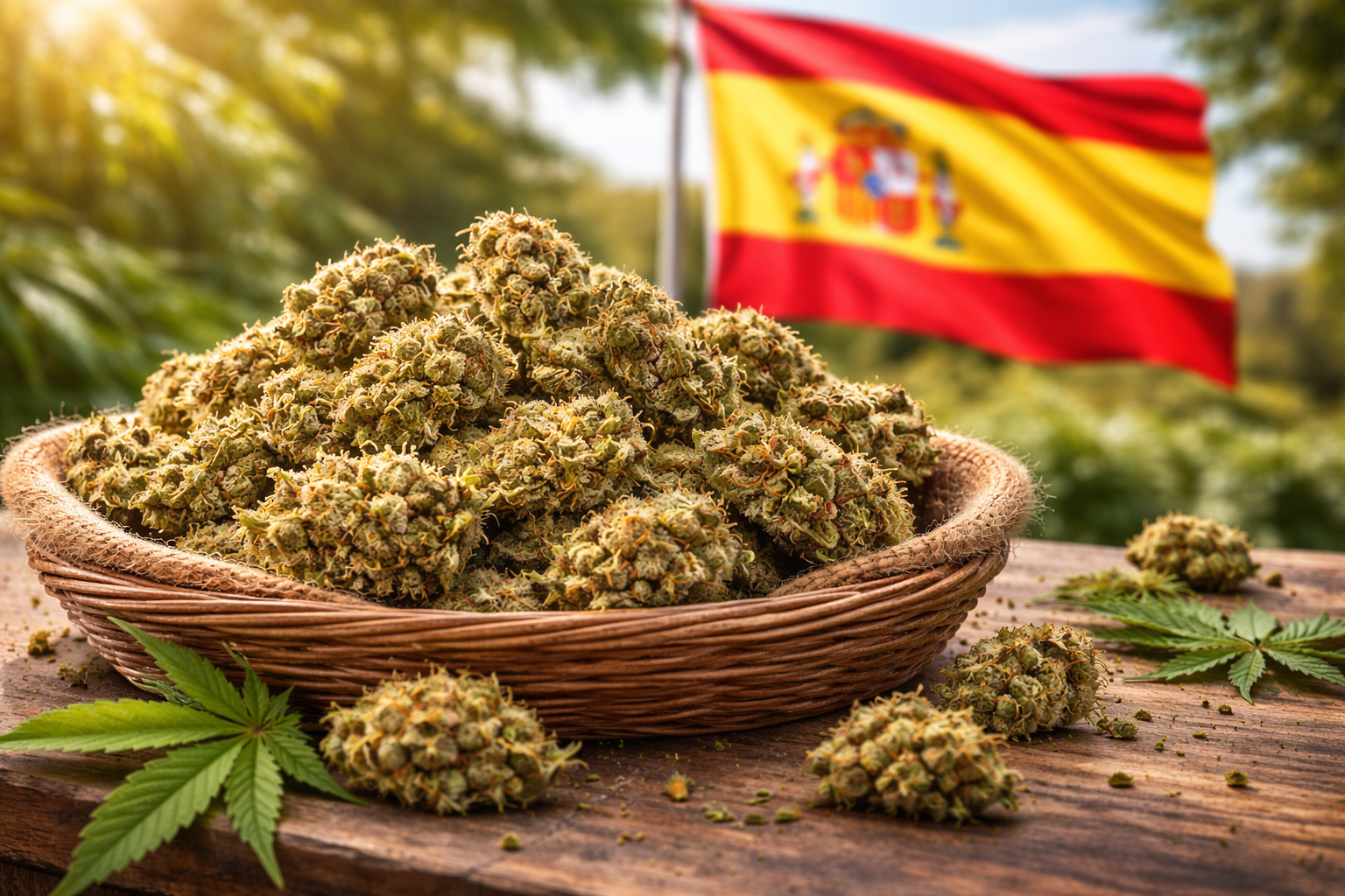 Flores de CBD sin THC en primer plano con bandera de España al fondo