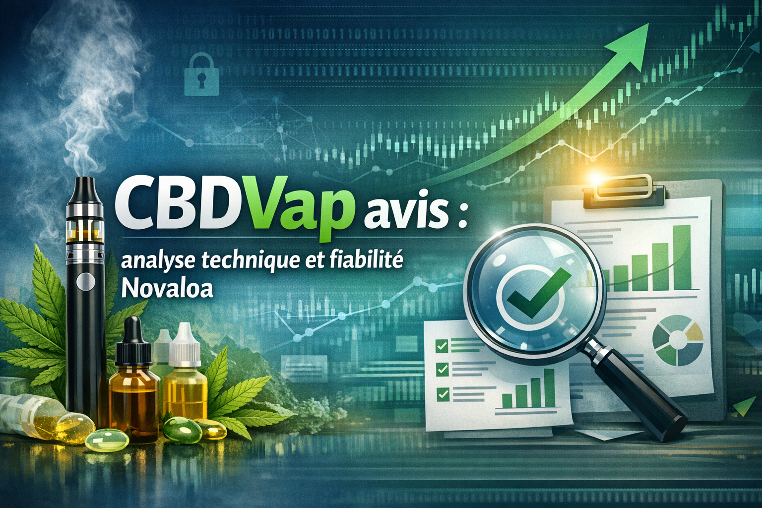 Illustration d’un test CBDVap avec graphiques de fiabilité et produits CBD en analyse