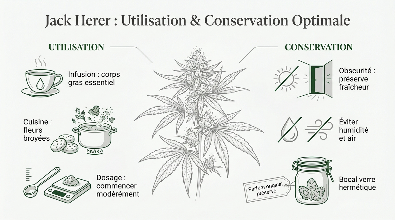 Fleurs de CBD Jack Herer stockées dans un bocal en verre hermétique pour préserver les terpènes