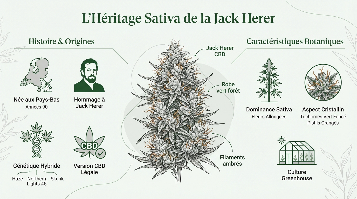 Fleur de CBD Jack Herer aux pistils orangés et trichomes denses