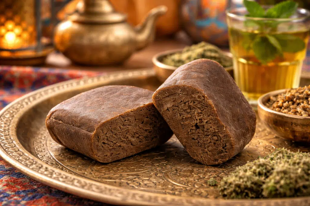 Résine Beldia CBD sans THC présentée sur plateau oriental avec infusion – BUDDY BOO