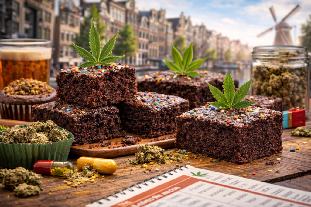 Space cake au cannabis présenté sur une table à Amsterdam dans un contexte coffee shop – BUDDY BOO
