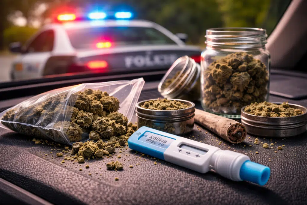 Illustration d’un produit cannabinoïde et d’un test salivaire dans un contexte de contrôle, utilisée à des fins d’information sur le THV