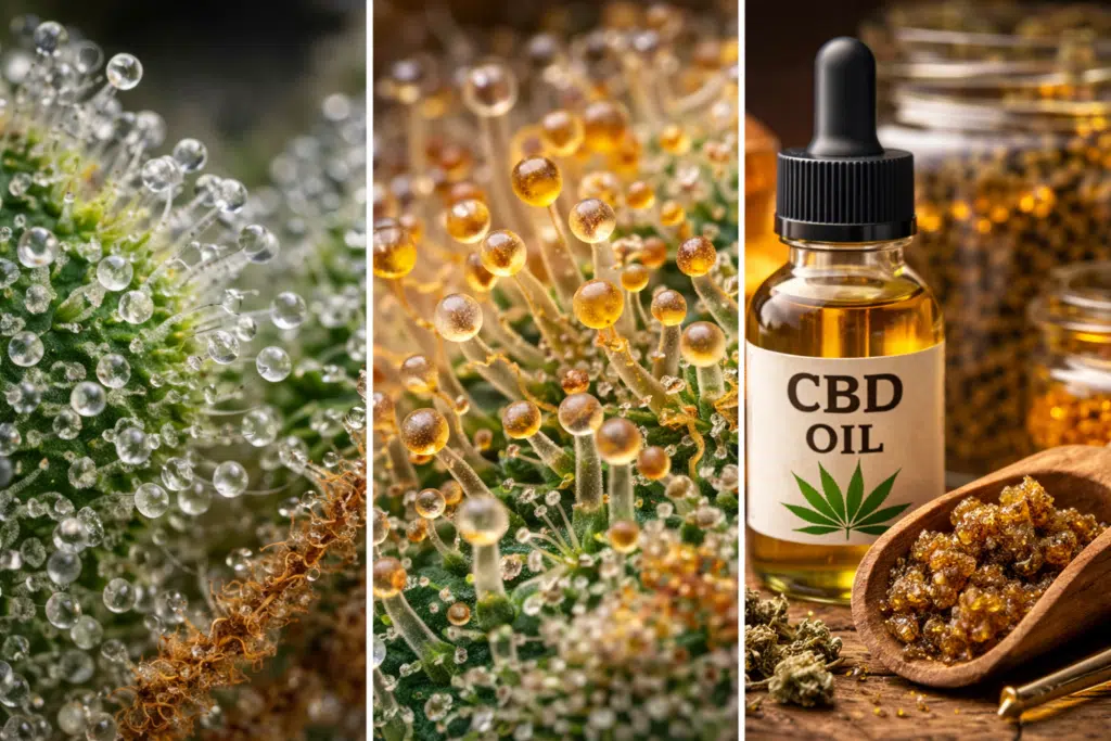 Macro de trichomes de cannabis CBD et flacon d’huile analysée en laboratoire – BUDDY BOO