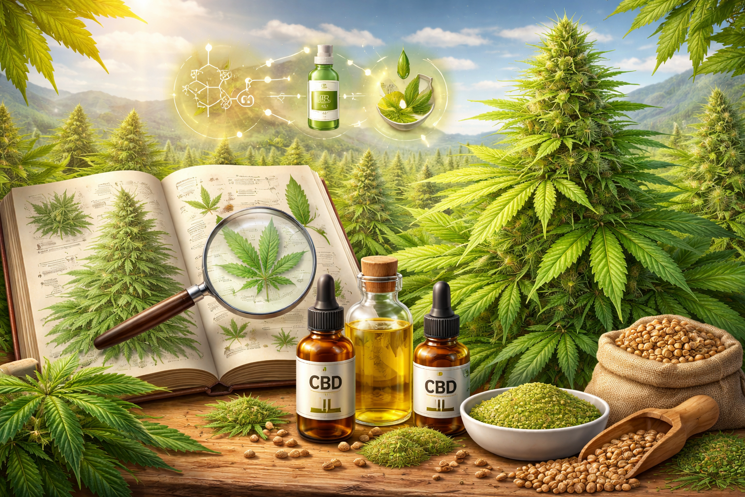 Plante de cannabis sativa avec huile CBD, graines et illustration botanique