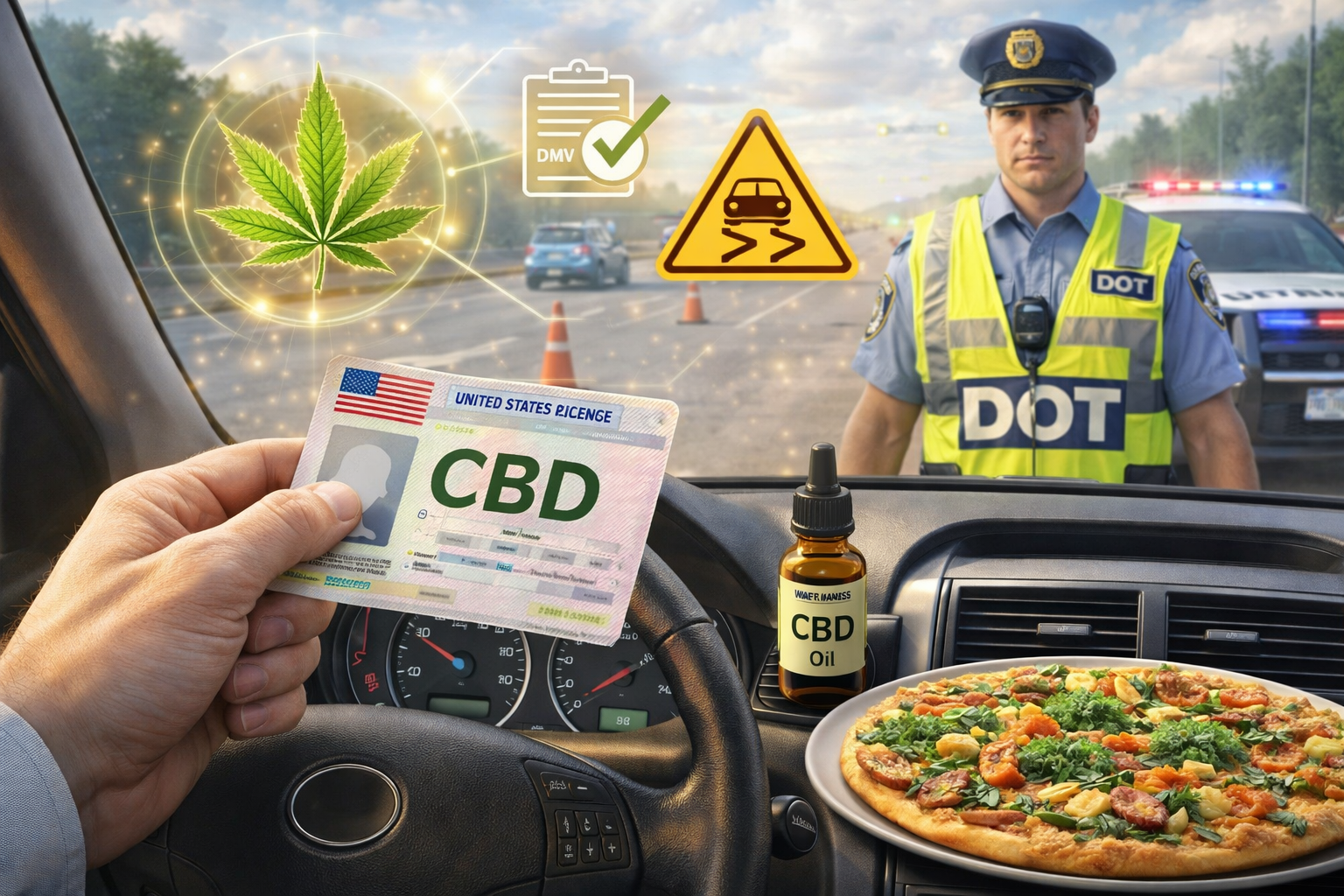Driver showing license during roadside check with CBD oil and police officer in background