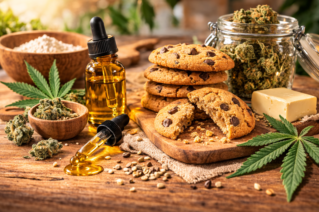 CBD Kekse mit CBD Öl und Hanfblüten auf Holztisch angerichtet