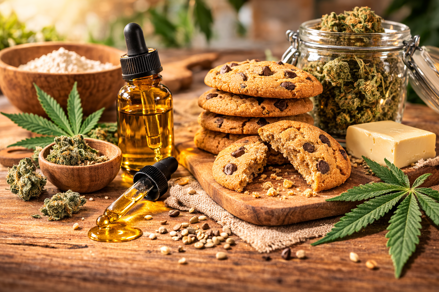 CBD Kekse mit CBD Öl und Hanfblüten auf Holztisch angerichtet