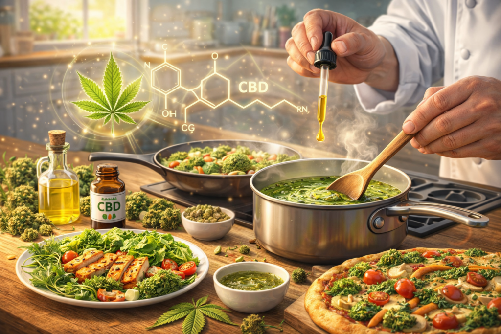Préparation d’une recette en cuisine avec infusion d’huile CBD dans un plat chaud