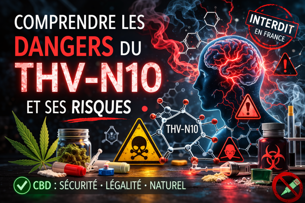 Illustration des dangers du THV-N10 montrant une molécule synthétique et des risques neurologiques