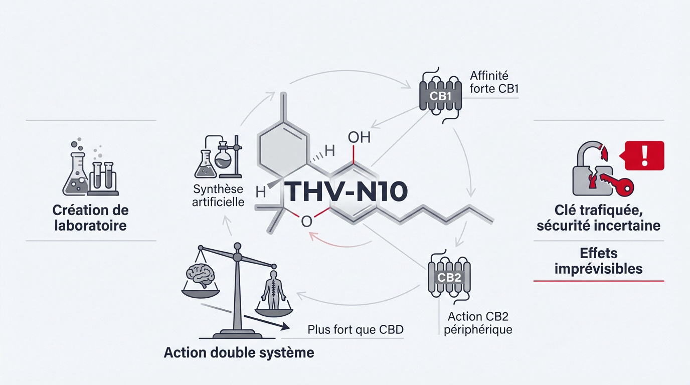 Structure moléculaire synthétique du cannabinoïde THV-N10 et interaction cellulaire