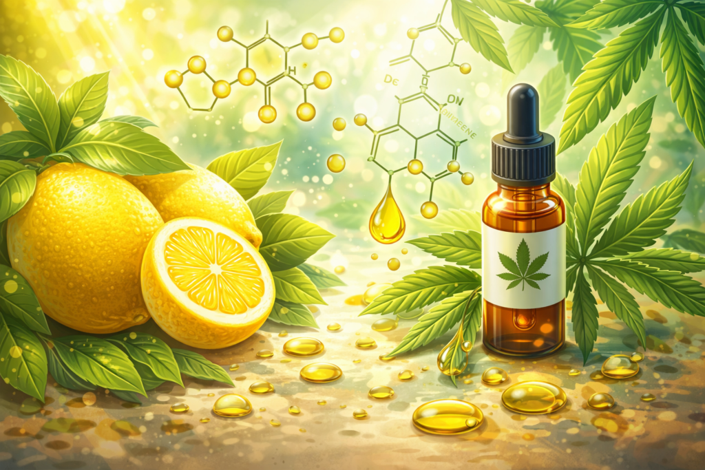 Limonène CBD illustré avec citron, huile de cannabidiol et feuilles de cannabis