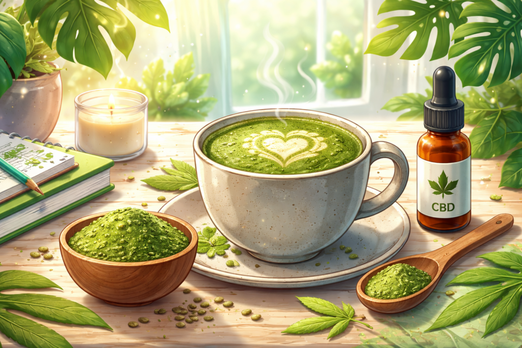 Tasse de matcha CBD avec huile de cannabidiol dans un environnement naturel apaisant