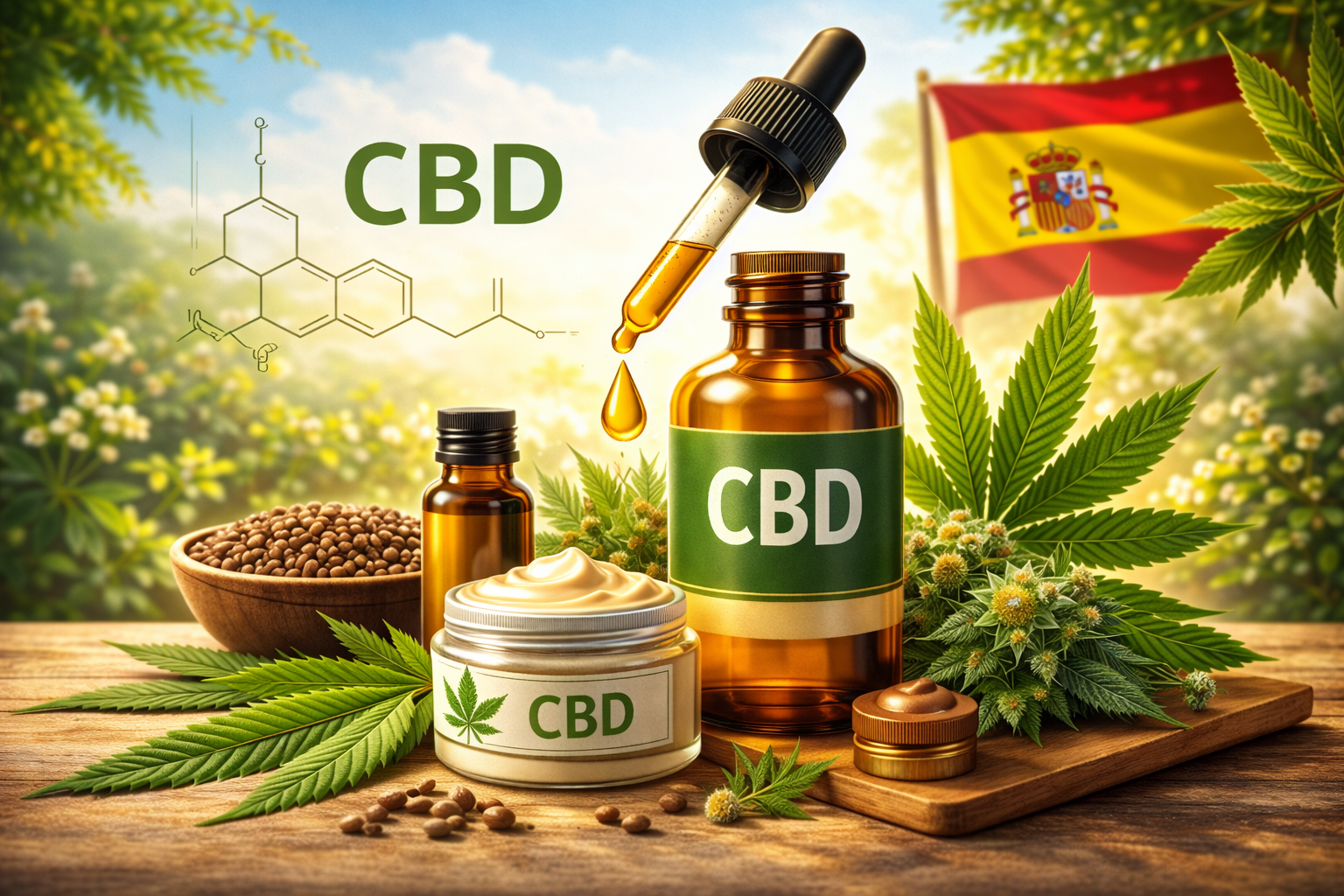 Aceite de CBD y productos de cannabidiol con bandera de España al fondo